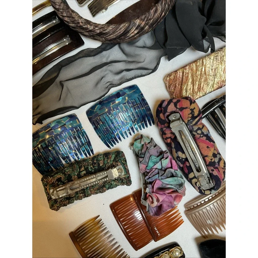 Vintage Hair Accessory Lot Of 36 Barrettes Combs Banana Clip Band Wraps 1980s